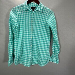 J Crew Boy Shirt Womens 4 Green Check Cotton Stretch Long Sleeve Button Up
